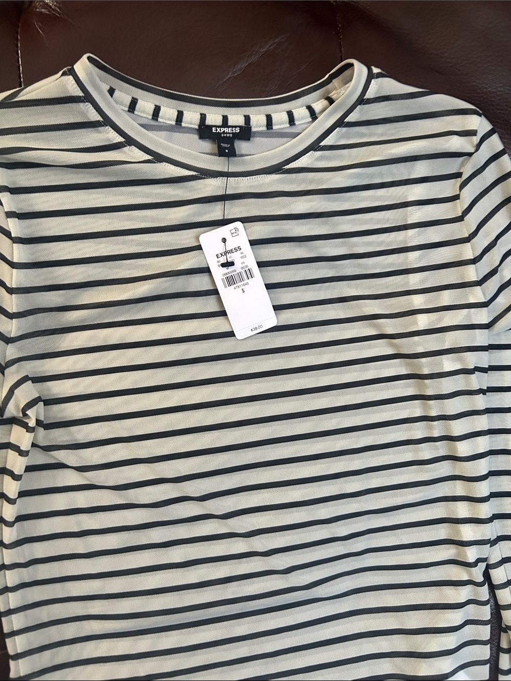 Express Cream and Black Striped Long Sleeve Mesh Top